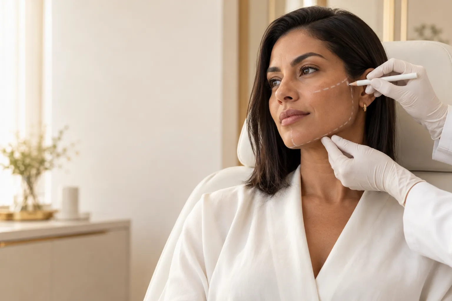 Marcações de planejamento de harmonização facial no rosto de uma paciente